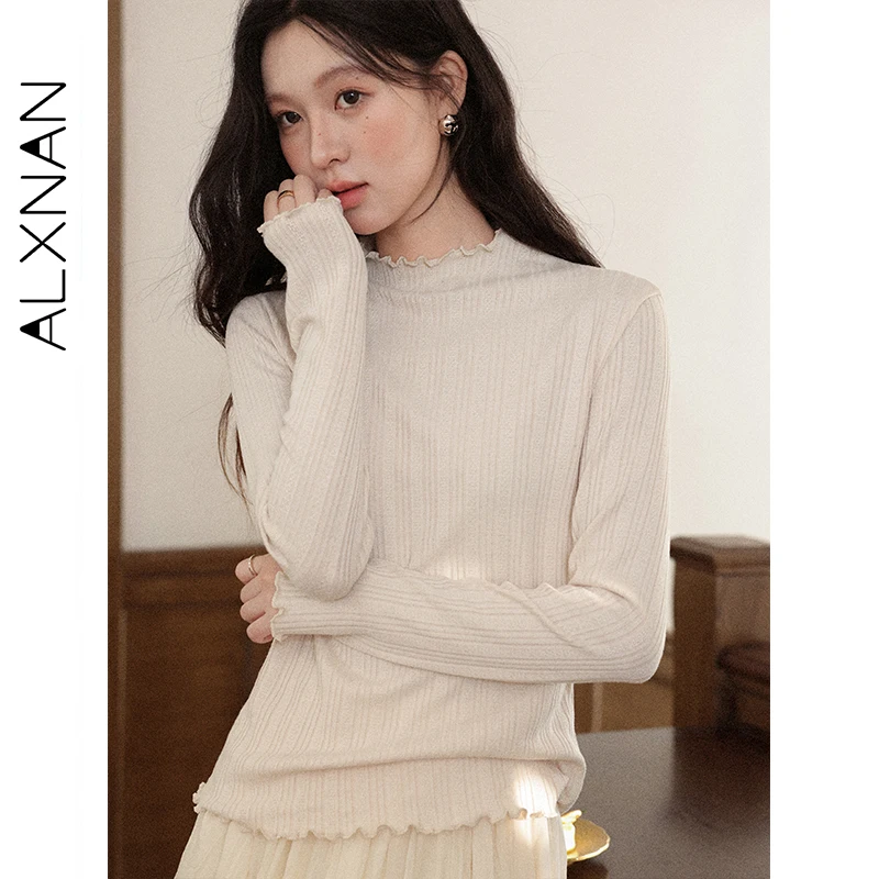 

ALXNAN Oatmeal Knitted Sweater Women's Autumn Long Sleeve Thin Pullovers Slim-fit Casual Elegant Office Lady Knitwears L57865