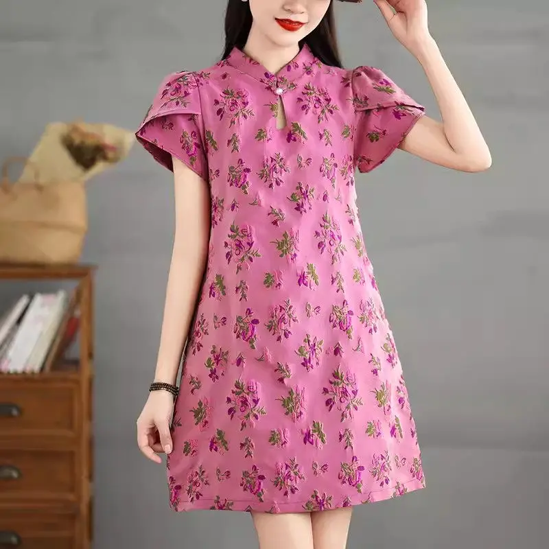 

Summer Short Dress Women 2024 Chinese Style Retro Jacquard Standing Collar Pan Button Fashion Mini Chiffon Dress K1501