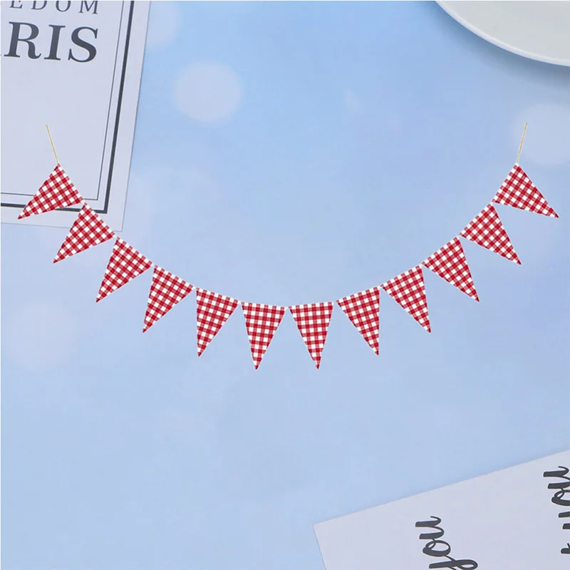 Red White Fabric Plaid Checkered Triangle Flag Pennant Garland Wedding Birthday Carnival Picnic Outdoor Party Bunting Decoration