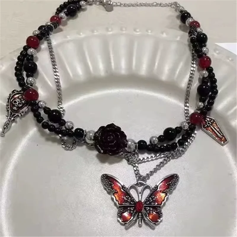 القوطية Y2K الأحمر فراشة شرابة سلسلة قلادة مطرز المختنق سلسلة قلادة للنساء Egirl هالوين حُليات المجوهرات والاكسسوارات #1