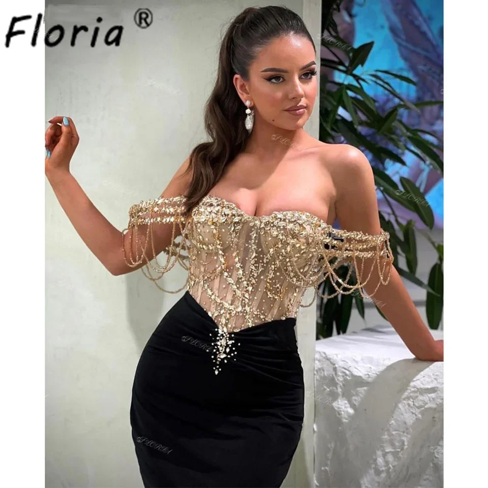 Mermaid Elegant Dubai Gold Black Prom Dresses Tassel Beading Corset Off the Shoulder Evening Party Dress Formal Occasion Gowns