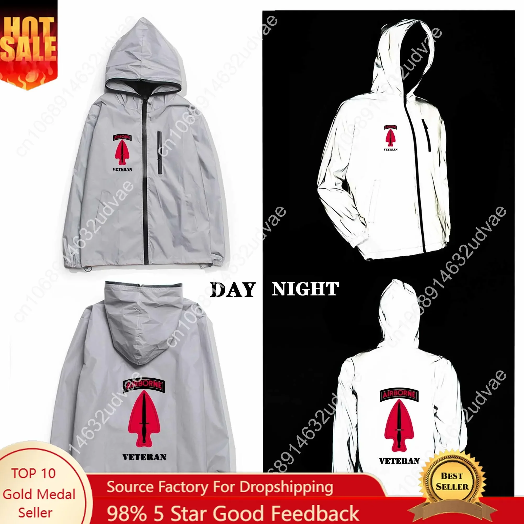 Veste réfléchissante pour hommes et femmes, veste coupe-vent à capuche, veste de course avec poches, veste à fermeture éclair, sweat à capuche personnalisé, vétéran de la Force Delta USASOC