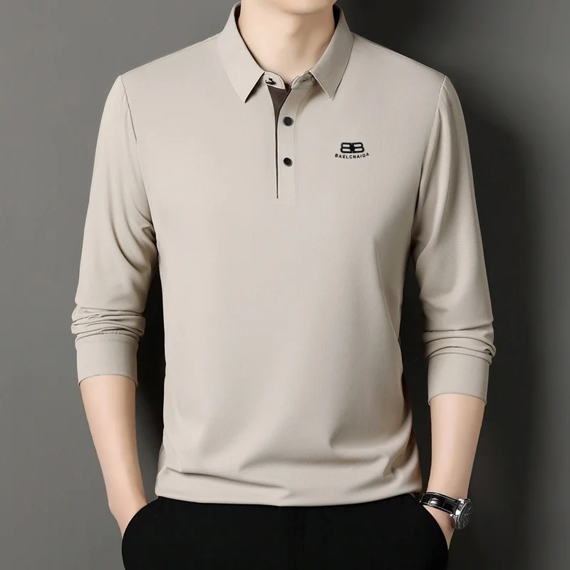High End Brand Men's Casual Print Comfortable Polo Shirt Autumn No Iron Long Sleeved Solid Color T-shirt Office Men's Clothing