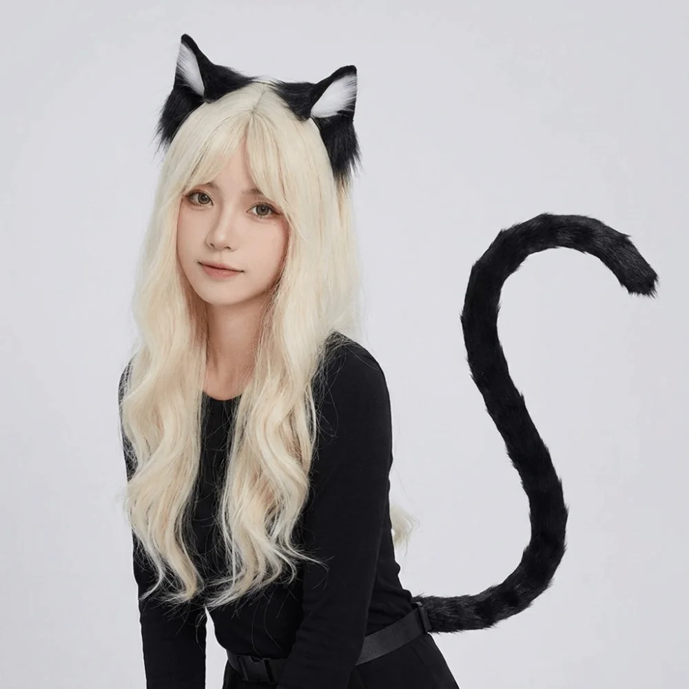 Cute Simulation Animal Cat Ears Headband Plush Party Props Cat Tail Headdress Ears Headband Cat Costume Accessories Masquerade
