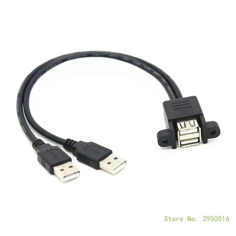 Dual Port USB 2.0 A Male to Female Extension Cable With Panel Mount Screw Holes, 30mm Spacing