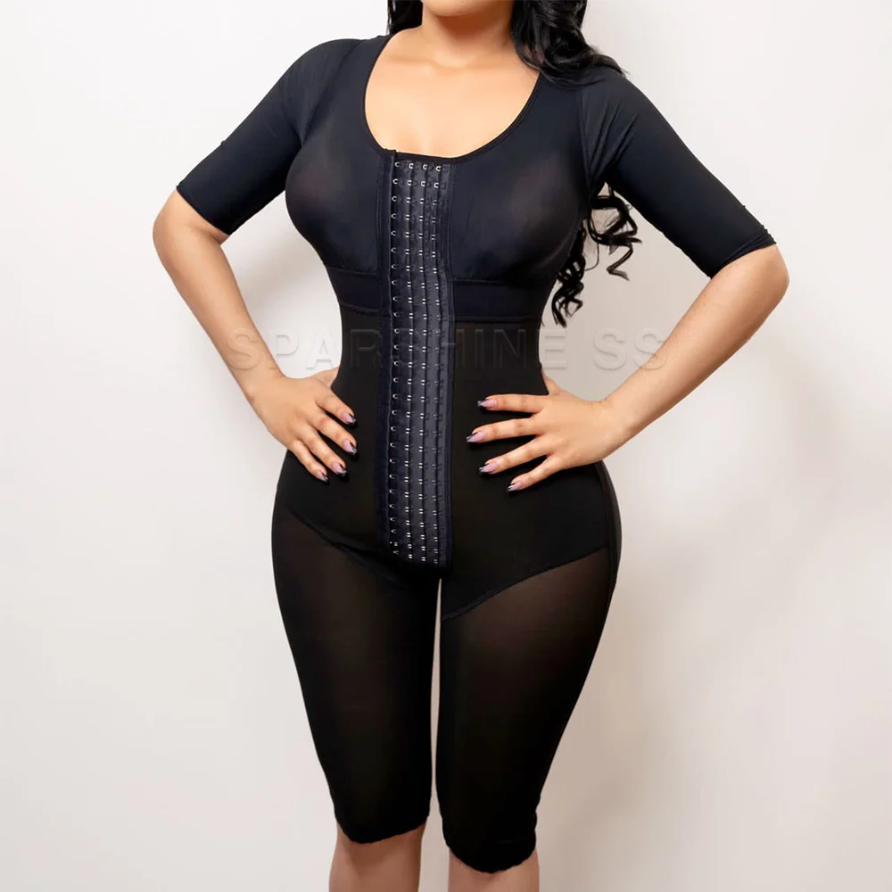 

Fajas Colombianas Female Body Tightening Shapewear Bodysuits Black Corset Abdomen Control Front Closure Hooks Eyes Knee Length