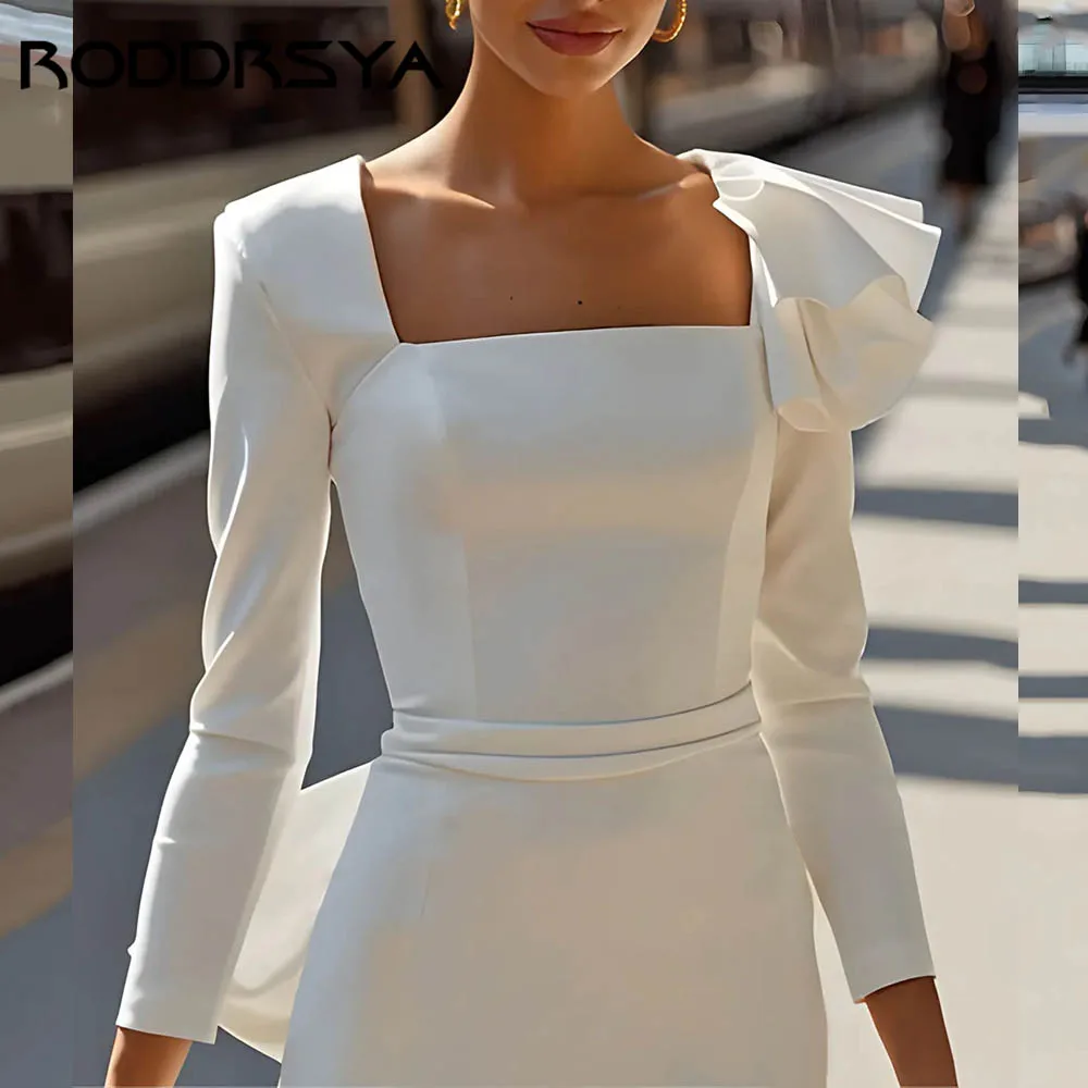 RODDRSYA Witte Lange Mouw Hofzaal Trouwjurken Met Strik Satijn Zeemeermin Bruidsjurk Vierkante Hals vestidos de novia Aangepast