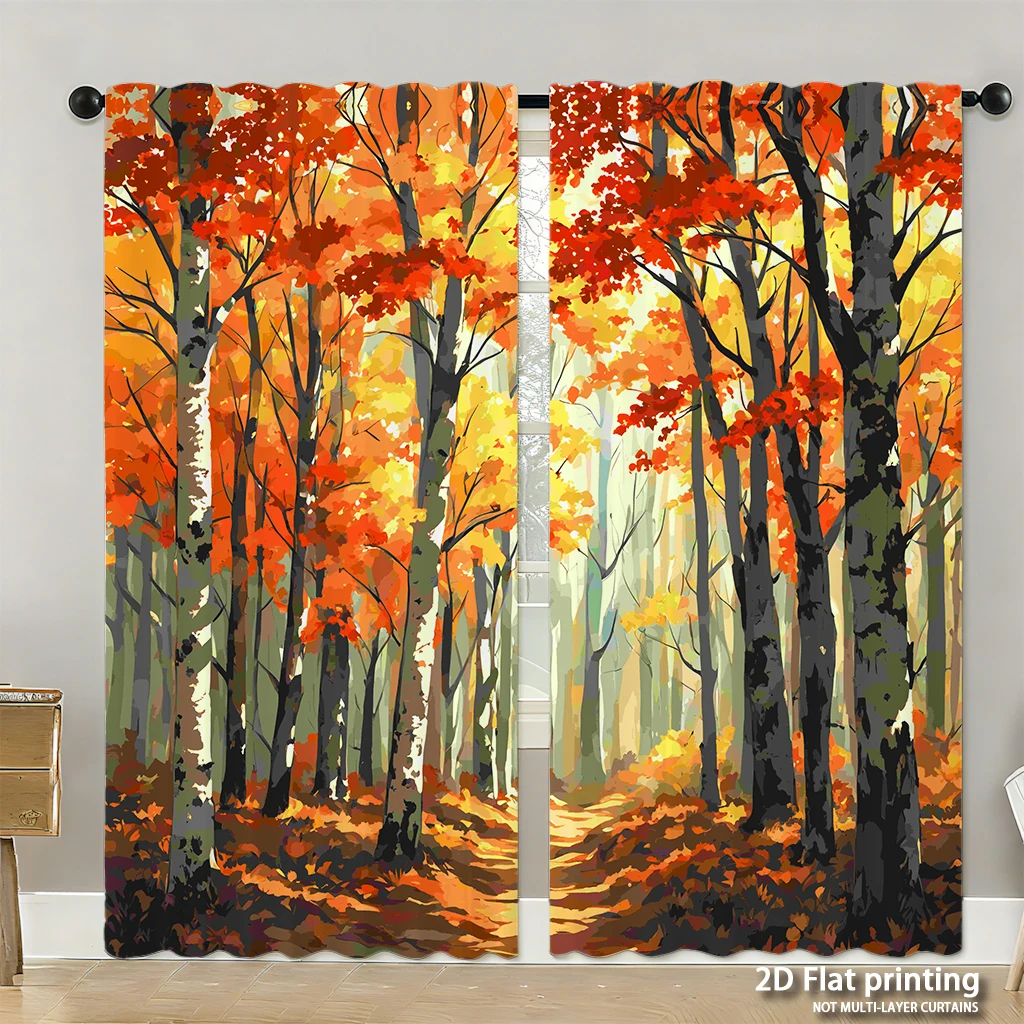 

2-piece set of high-definition digital printed curtainsautumnForestTreesOrangeYellowColorfulPaintingStyleCurtainHome decoration