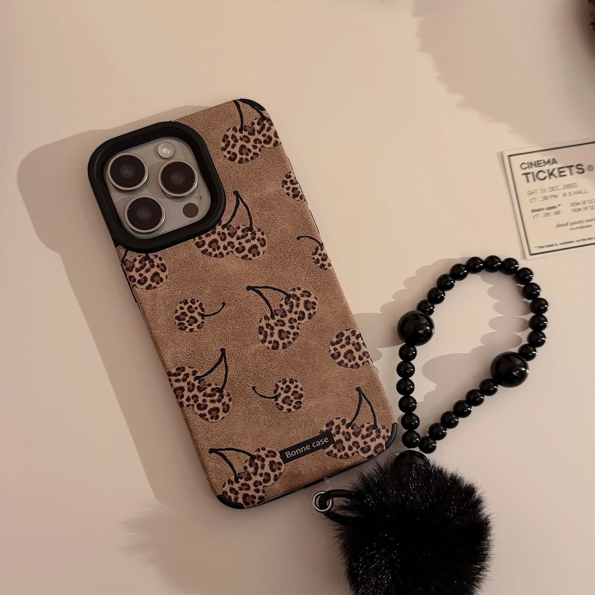 Luxury Cherry Leopard Print Leather Texture Phone Case For iPhone Air 11 12 13 14 15 16 17 Pro Max With Strap Shockproof Cover