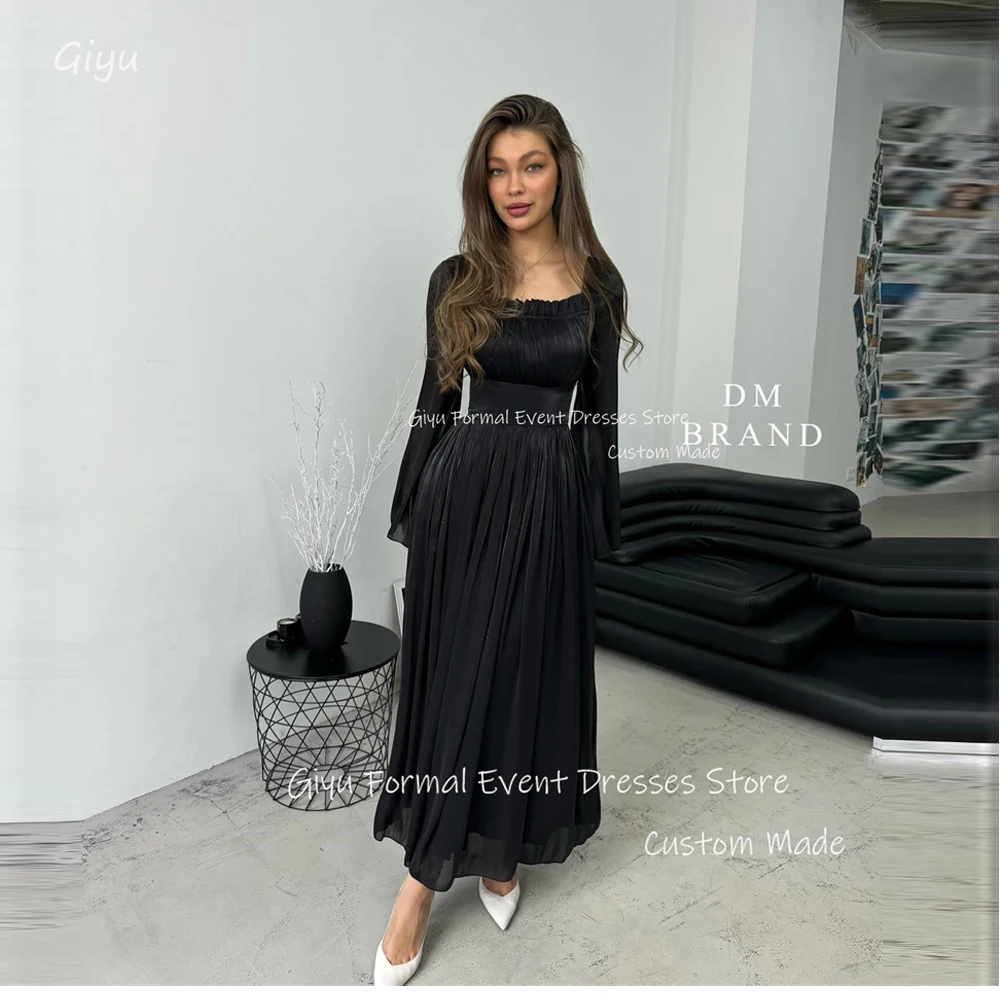 

Giyu Simple Black Evening Dresses Silk Long Sleeves Square Neck Ankle Length Formal Occasion Party Dress Robe de soiree