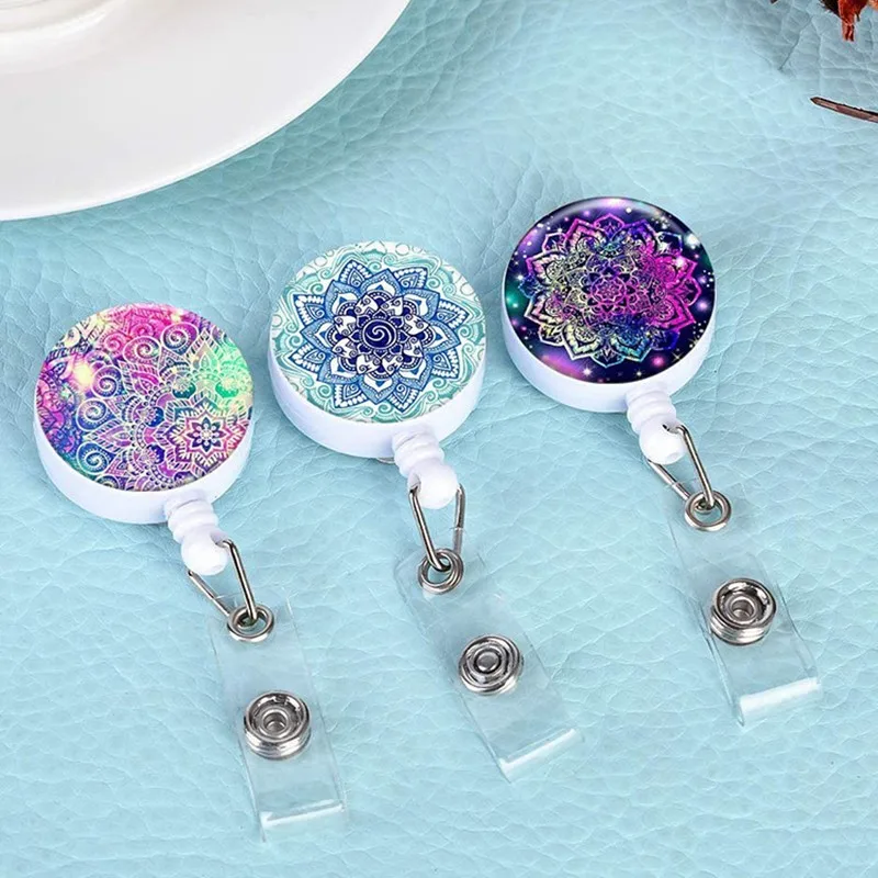 Mandala Flower Retractable Buckle Nurse ID Card Badge Holder Porta Credencial Worker Medical Card Holder Telescopic Keychain