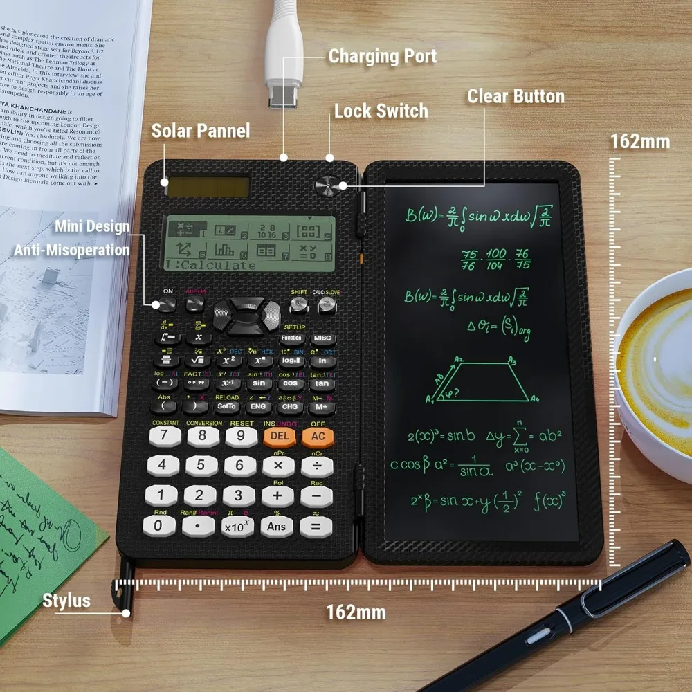 Calcolatrice scientifica con funzione 552 con tavoletta LCD, ricaricabile e energia solare, display a 6 linee per studenti