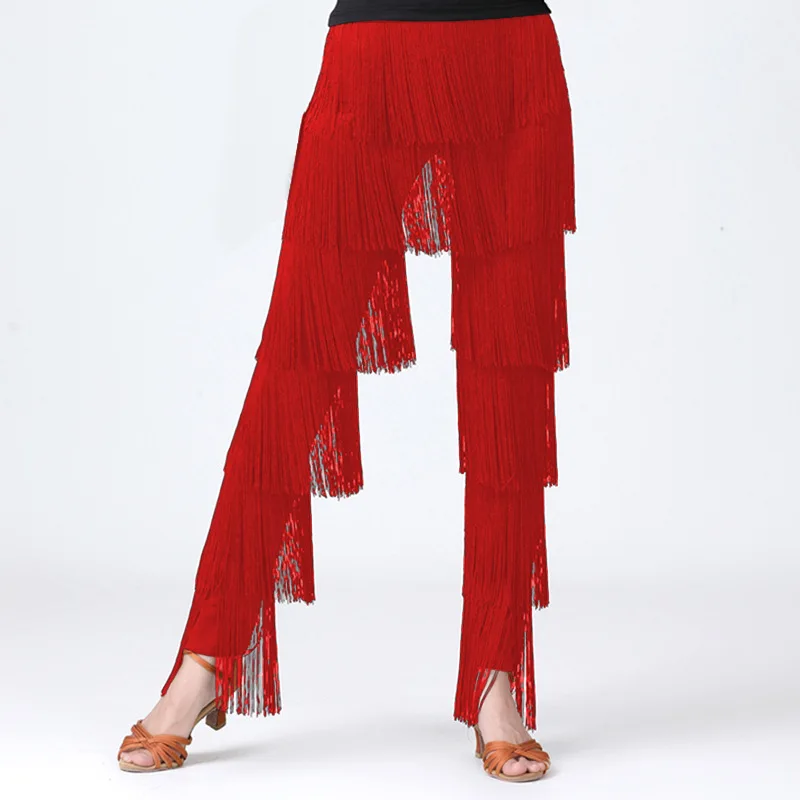 Women Latin Disco Dance Pants Tassels Elastic Waist Contrast Color Trousers Cha-cha Tango Rumba Samba Salsa Ballroom Dancewear
