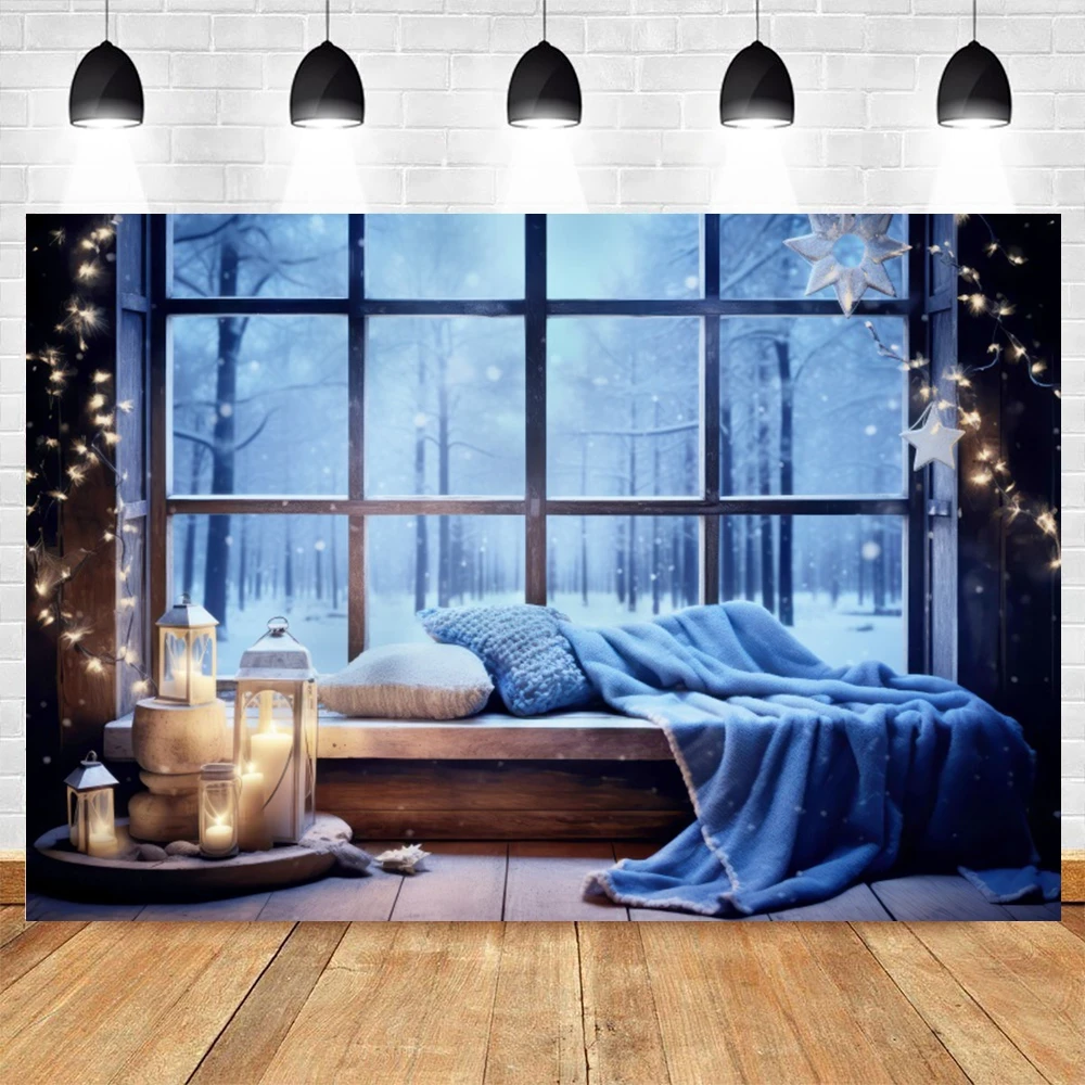 Winter Window Curtains Forest Snow Photography Backrop White Candle Christms Party Home Decor Photo Background Studio Props