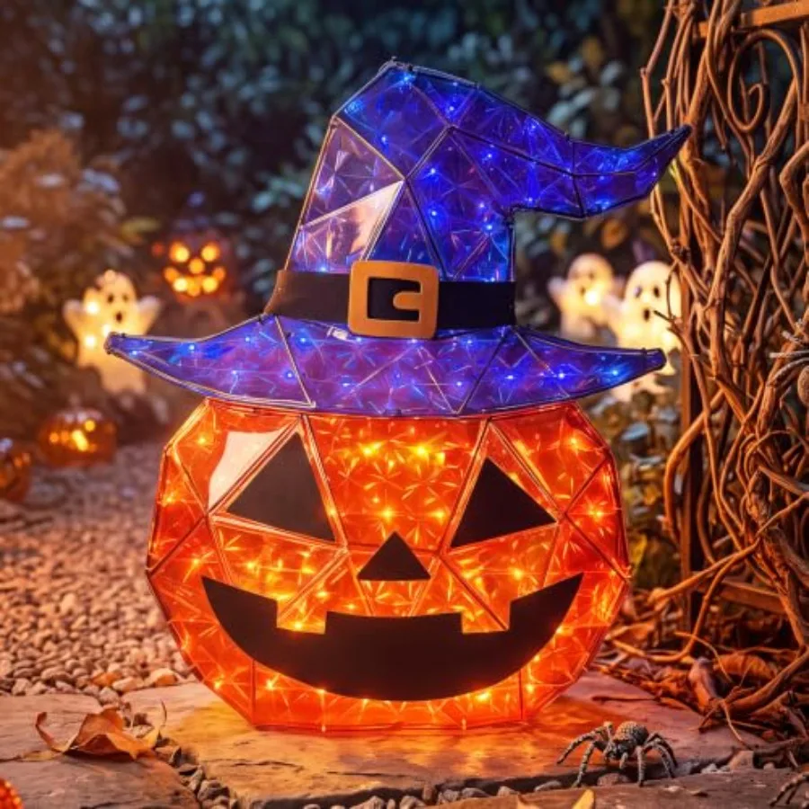 Outdoor Halloween decoration: 24-inch light-up pumpkin witch hat in orange, featuring 85 glowing LEDs and 3D diamond facet effe
