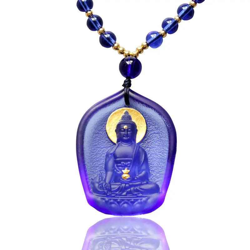 Medicine Buddha Pendant Blue Glazed 108 Beads Mala Necklace Medicine Buddha Pendant for Good Luck and Blessings Gifts