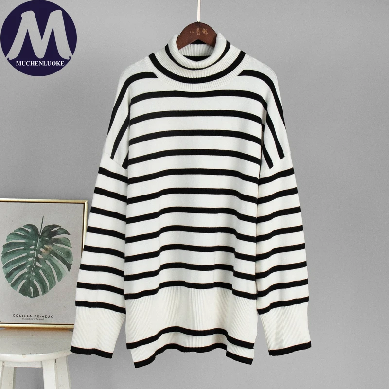 여성용 하이넥 니트 스웨터 가을 겨울 스트라이프 캐주얼 루즈핏 보온 풀오버 패션 다용도 두꺼운 니트웨어