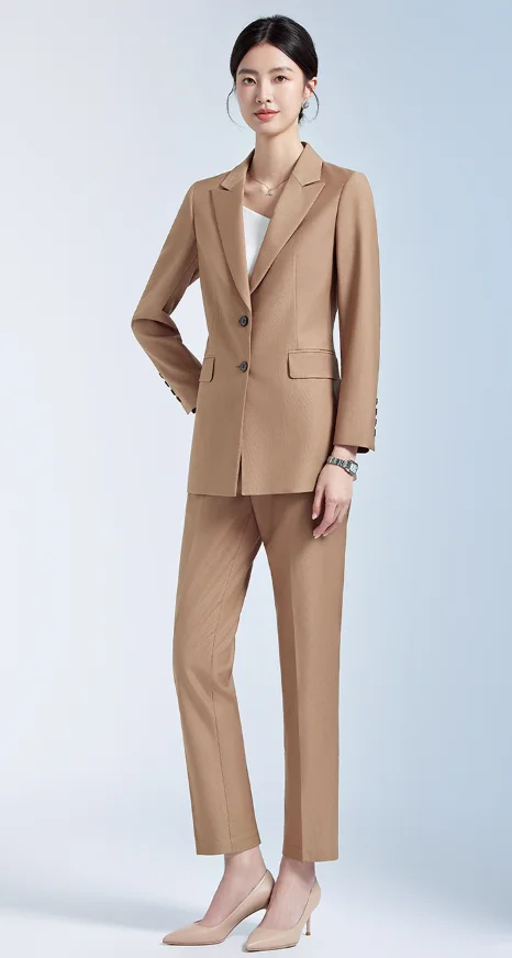 Women's Coffee‑Colored Minimalist Suit Set, Commuter Trousers Outfit, Business Formal Slim‑Fit Work Attire