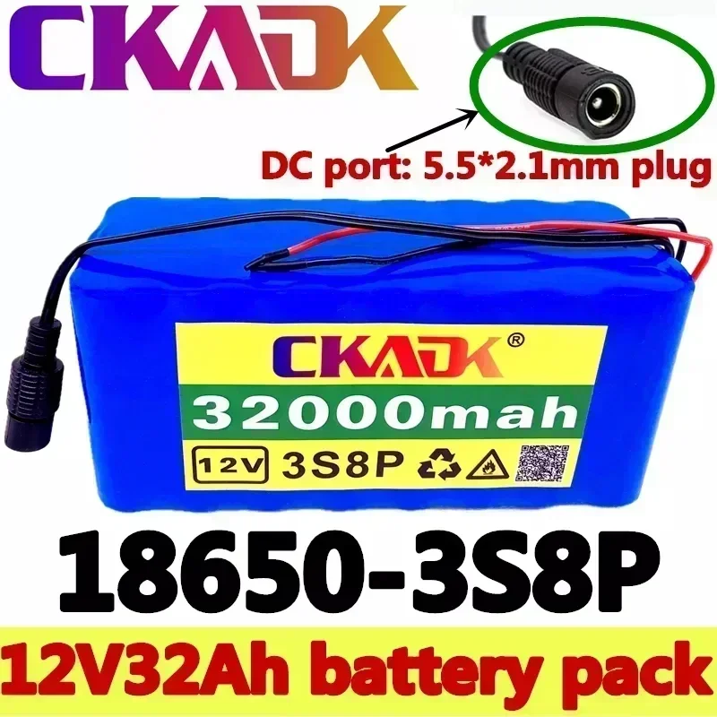 

New original 18650 high-capacity battery pack, 3S8P-12V-32AH, with BMS, protection board, and charging indicator light