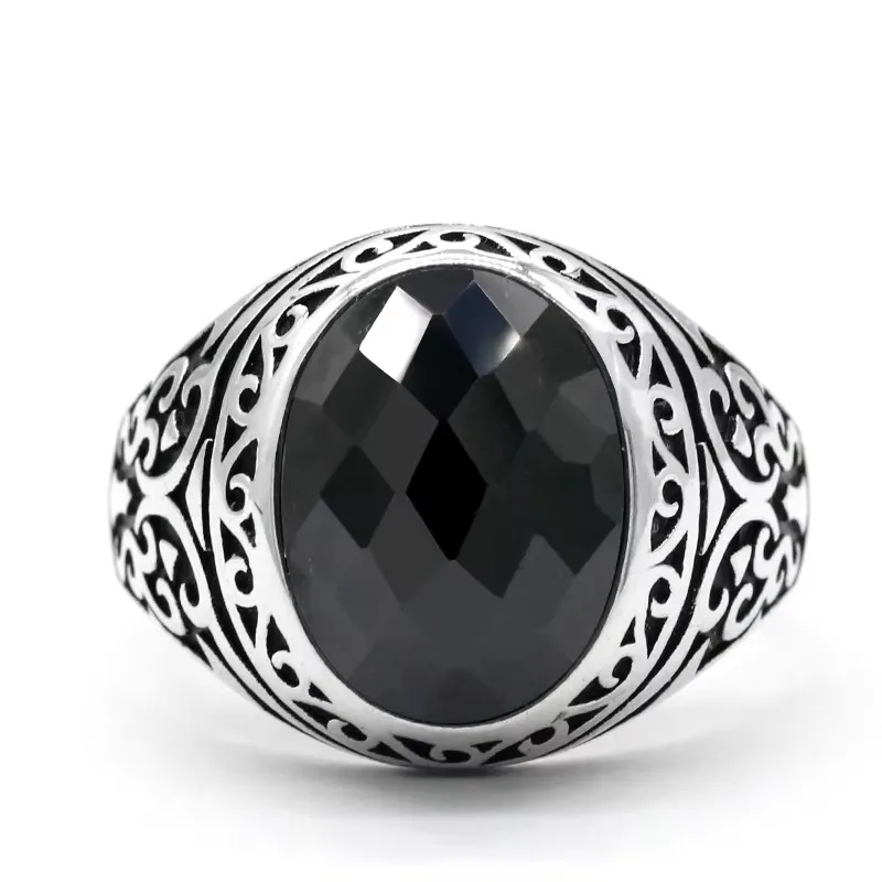 خاتم S925 مصنوع يدويًا من الفضة على شكل حرف a من الزركون الأسود للرجال Tö rkiye فاخر على طراز الشرير النقي هدية حفلات المهرجانات للرجال