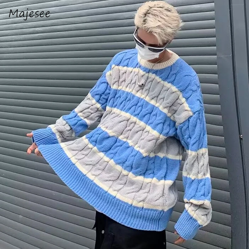 Winter Striped Pullovers Men Handsome Baggy Panelled Knitwear Warm Ulzzang Temperament High Street Teens Young Sweaters Fashion