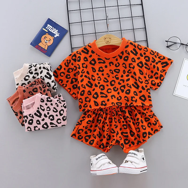 

Boys Girls Leopard Print Cotton Kids T-shirts Sets Baby Clothing Summer Newborn Infant Sports 2Pcs Sets Toddler Girl Clothes Set