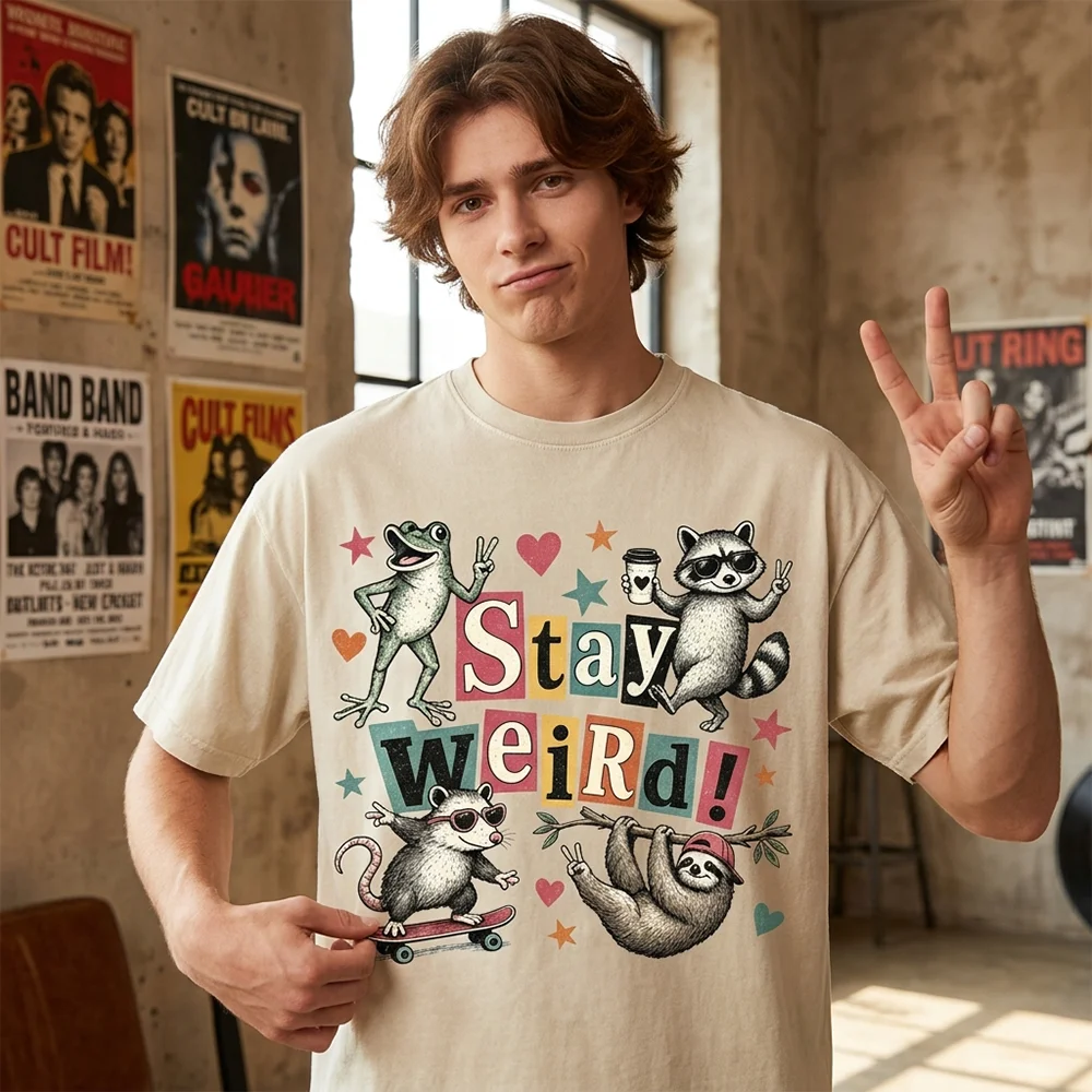 Men T Shirt Stay Weird Frog Raccoon Possum Sloth Print   Short Sleeve Crewneck Casual Loose Cotton Graphic Tees