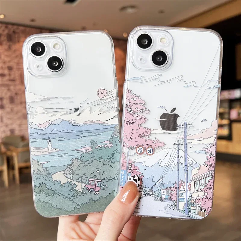 Japanese Anime Scenery Sunset Aesthetic Phone Case for IPhone 16 15 14 13 12 11 Pro Max Mini XS X SE20 7 8 Plus Clear Soft Cover