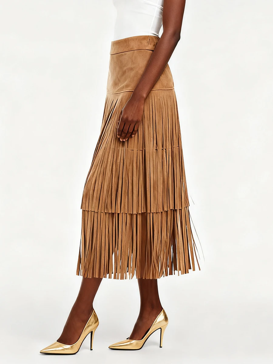 VGH Rok Panjang Gaya Denim Solid Chic dengan Rumbai untuk Wanita Pinggang Tinggi Musim Gugur Rok Pesta Temperamen Fashion Wanita Baru