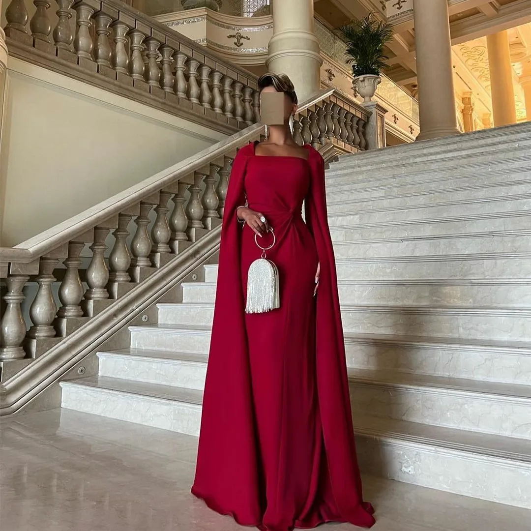 Vintage Long Dark Red Crepe Evening Dresses With Cape Sheath Square Collar Pleated Dubai Floor Length Prom Dresses for Women