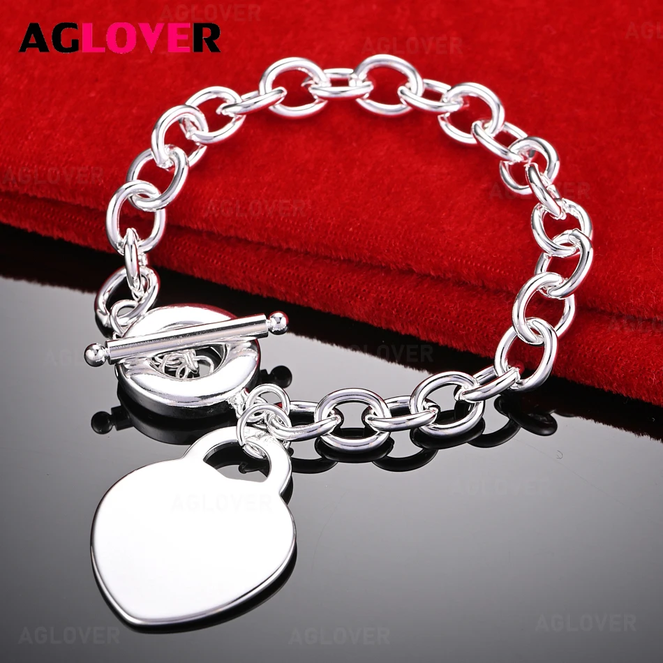 

AGLOVER 925 Sterling Silver Heart OT Clasp Bracelet Women Charm Fashion Wedding Jewelry