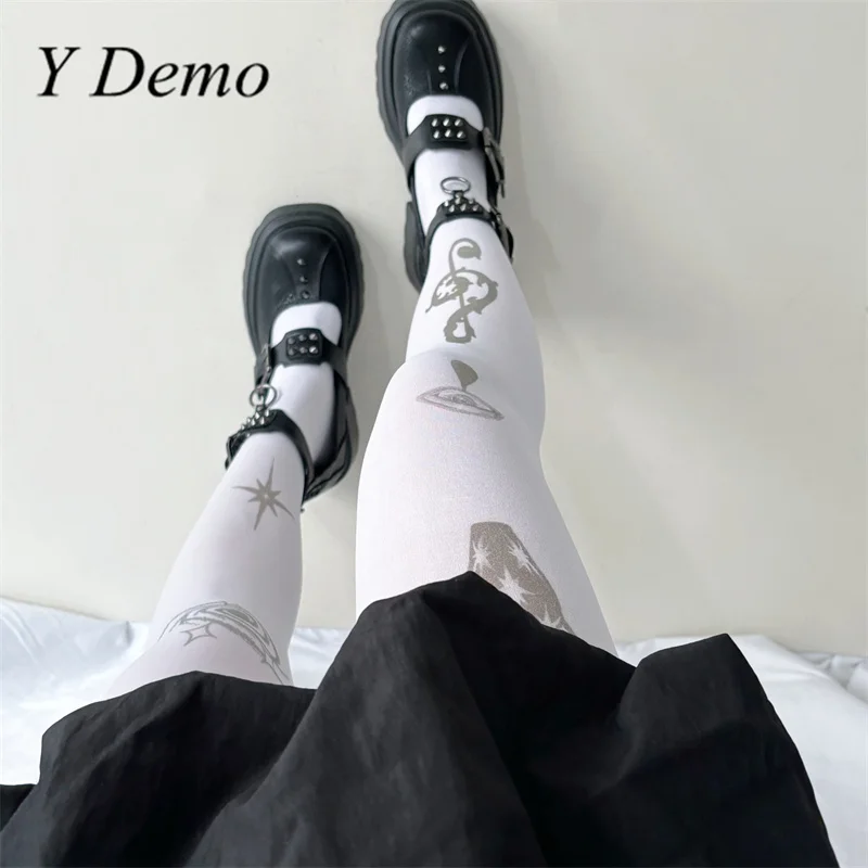 Y Demo Harajuku Stars Vortex White Stockings Women's Slim Printing Tights Retro Music Note Pantyhose