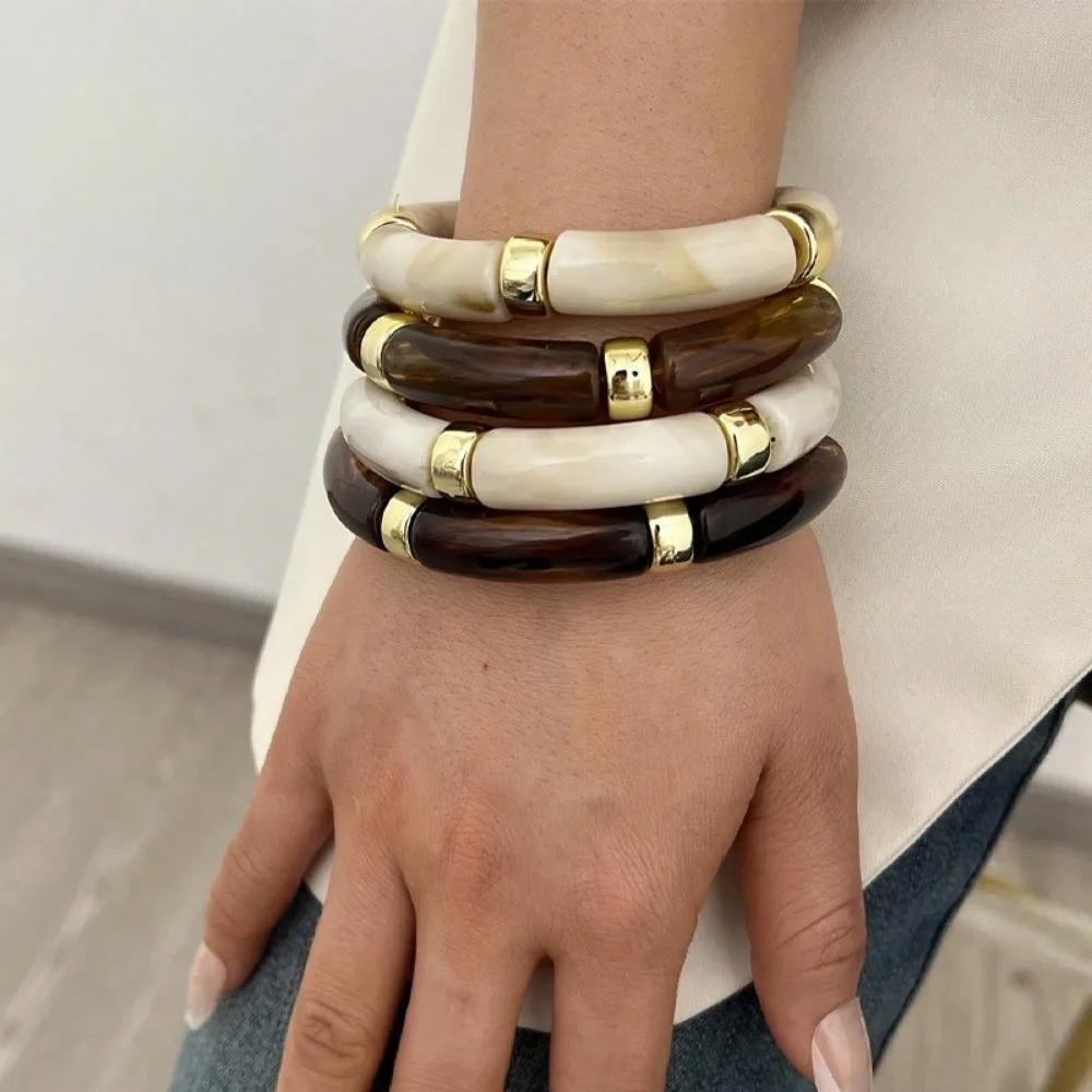 New Punk Resin Bangle Set Wide Bamboo Tube Exaggerated Chunky Bangles Thickened Stackable Irregular Resin Bracelet Women