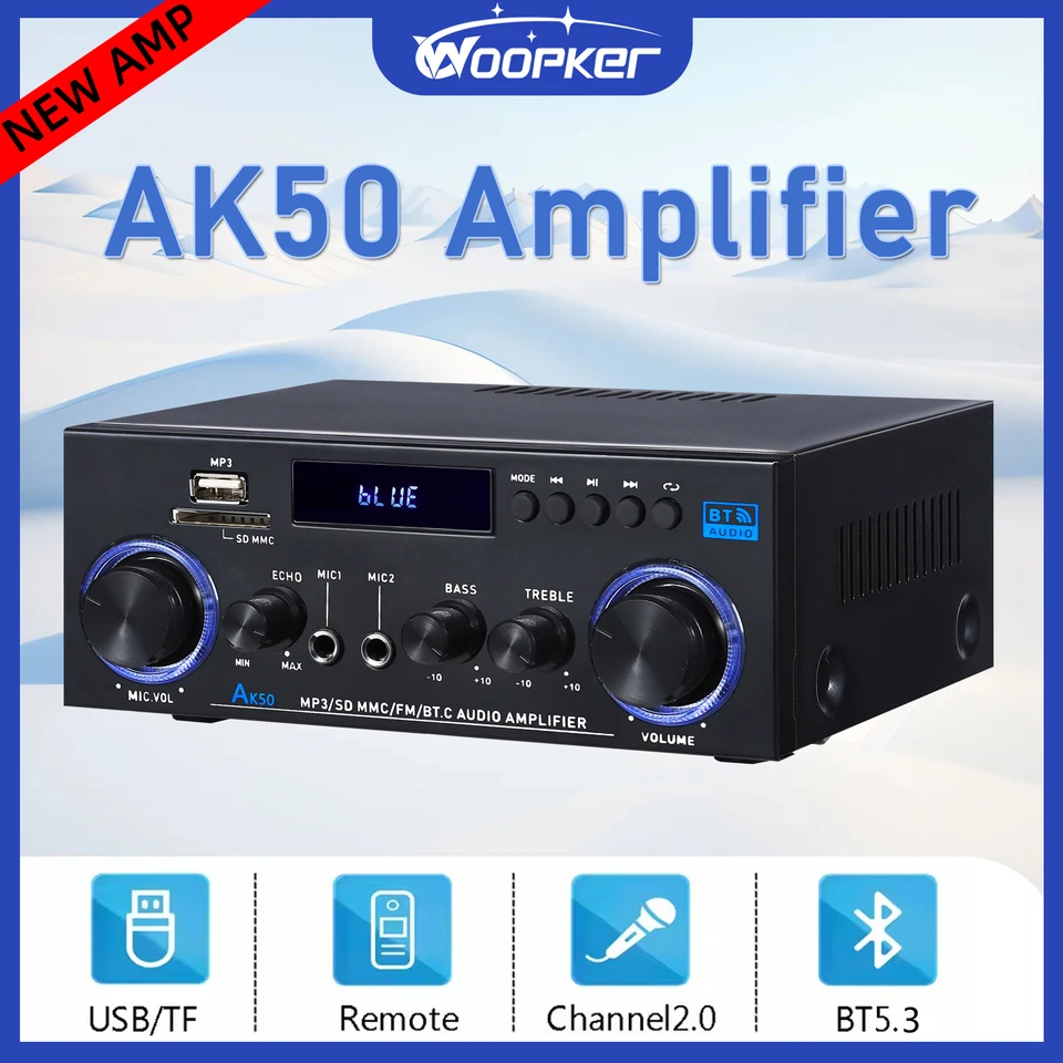 Woopker Audio Amplifier AK50 840W Bluetooth 5.3 2.0 Channel HiFi