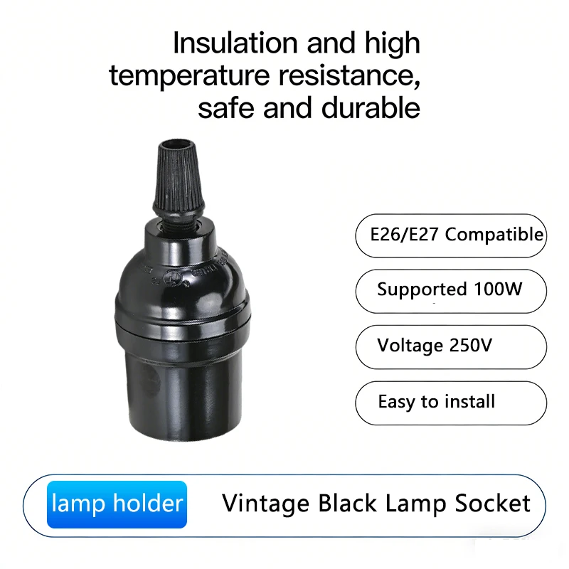 E27/E26 Vintage Black Lamp Holder – 100W 250V Heat Resistant Socket, Easy Install