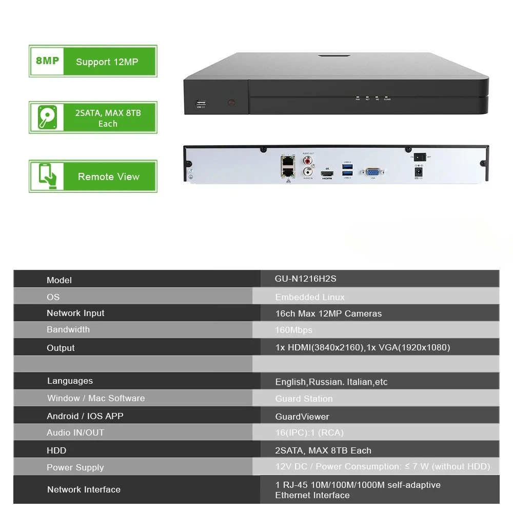 GU-N1216H2S Gcraftsman 16 قناة 12MP 4K 8MP NVR CCTV IP كاميرا الأمن UNV بروتوكول Guardviewer Guardstation H.265 تسجيل #2