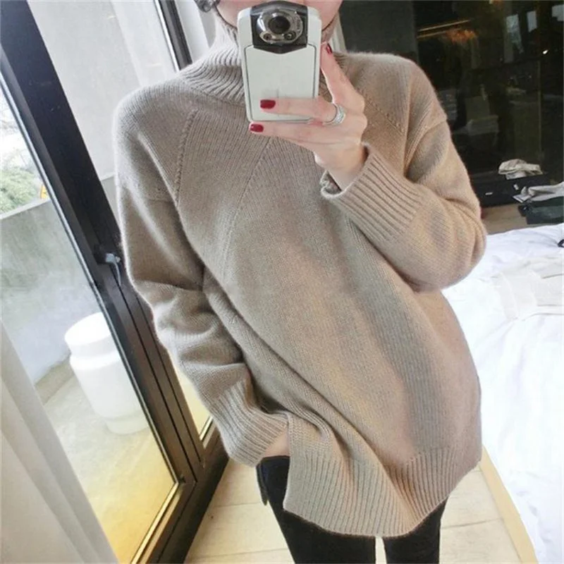 

style new pure cashmere women winter thick warm knit loose pullover female high collar turtleneck outwear sweater