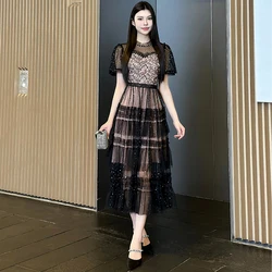 Runway Summer Holiday Sundress Black Lace Tulle Wedding Prom Sequins Dress Women Short Sleeve Flower Embroidery Vestidos