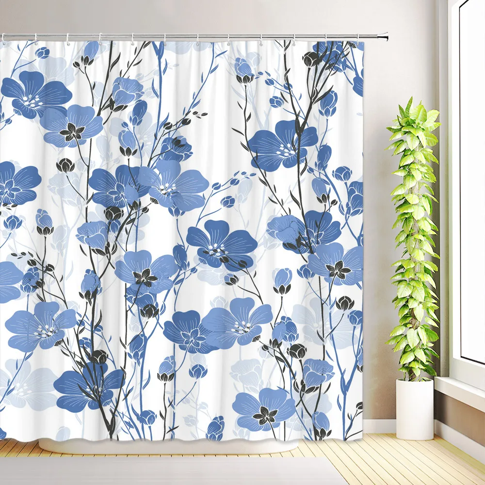 Green Leaves Birds Shower Curtain Rose Flowers Butterfly Hummingbird Floral Plant Modern Minimalist Bathroom Decor with Hooks