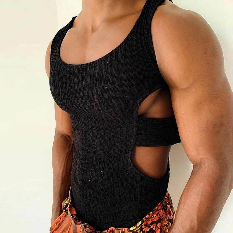 Men's Ribbed Knit Cut Out Top Slim Sleeveless Hollow Side Strap Back Vest Streetwear Black Muscle Workout Undershirt
