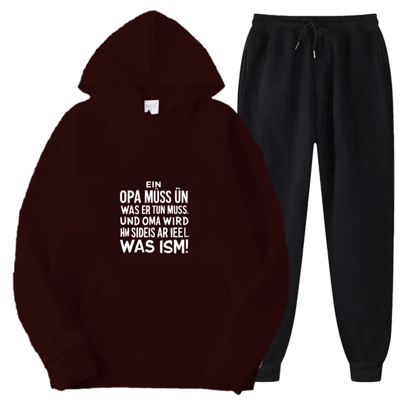 طقم هوديي أسود وعنابي مطبوع نص ألماني Dawakersimieden Mene Problem سويت شيرت غير رسمي سروال الزي للرجال والنساء St #2