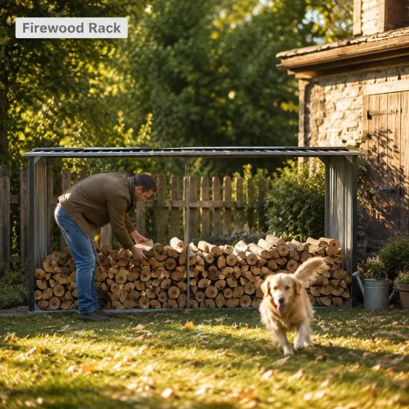 Abri de stockage de bois de chauffage en acier galvanisé 330 x 92 x 153 cm, structure robuste, peu d'entretien, durable, surélevé, toit incliné, évacuation des eaux de pluie, facile à assembler, pour jardin et cour