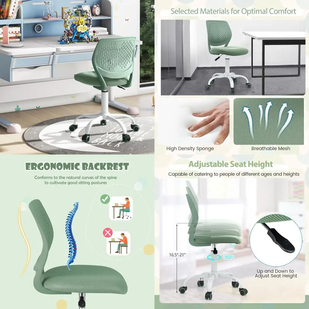 

Вращающееся офисное кресло со средней спинкой, компьютерное кресло на колесиках, регулируемое по высоте, без подлокотников, с обивкой из сетчатой ткани, светло-зеленое