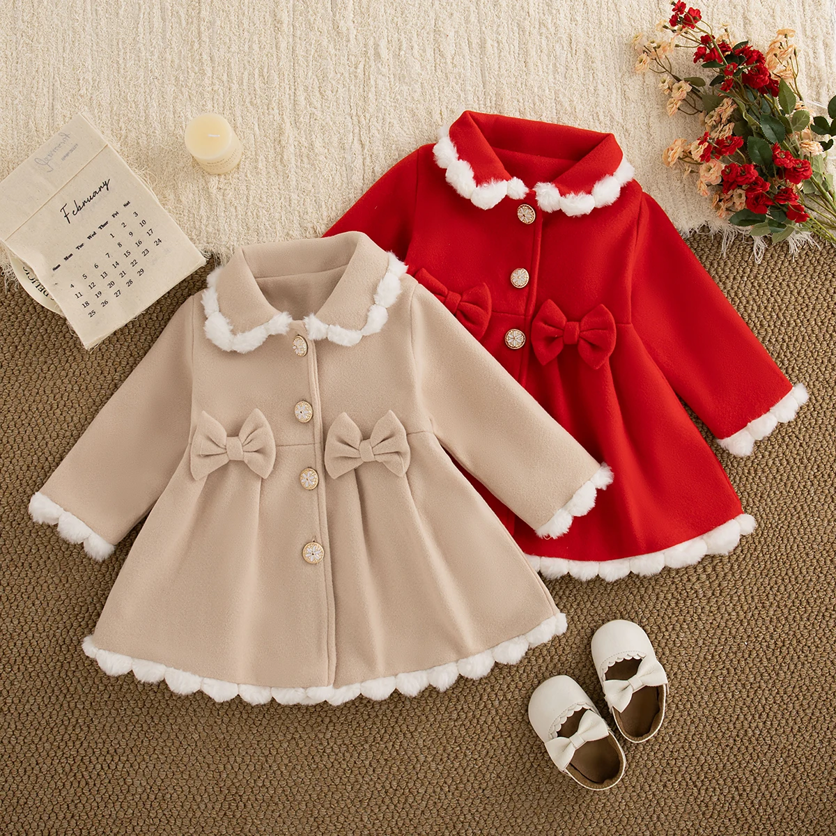 

Autumn Winter Outfit for Baby Girl Plush Doll Collar Bow Red Woolen Coat Fashion Baby Coat
