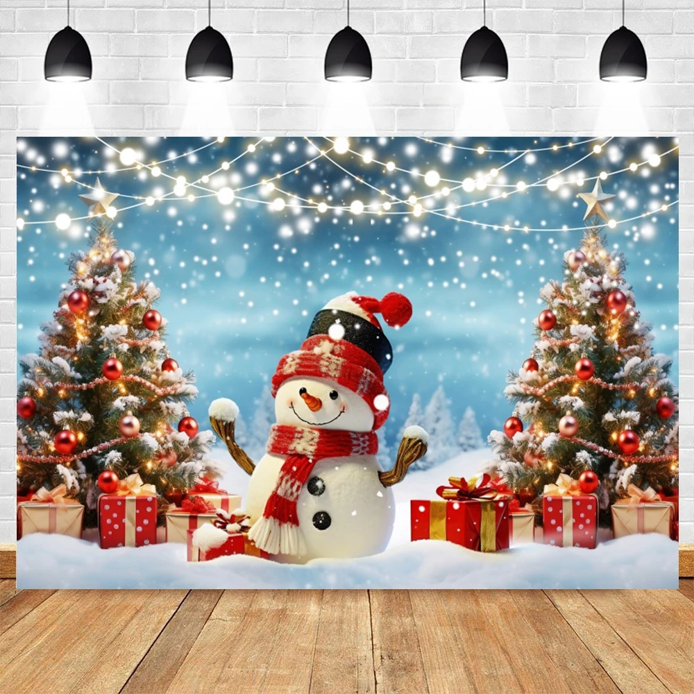 

Winter Snowman Backdrop Snow Glitter Light Christmas Tree Gifts Baby Kid Portrait Xmas Party Photography Background Decor Banner