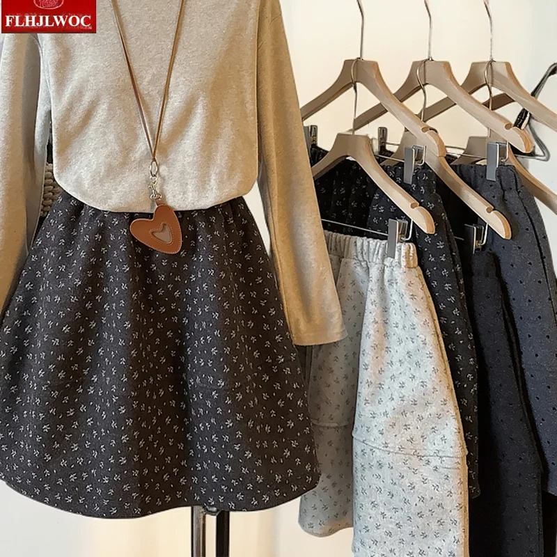 Woolen Skirts New Year 2026 Spring Woman Cute Japan Girls Preppy Style High Elastic Waist Retro Vintage Black Cute Mini Skirt