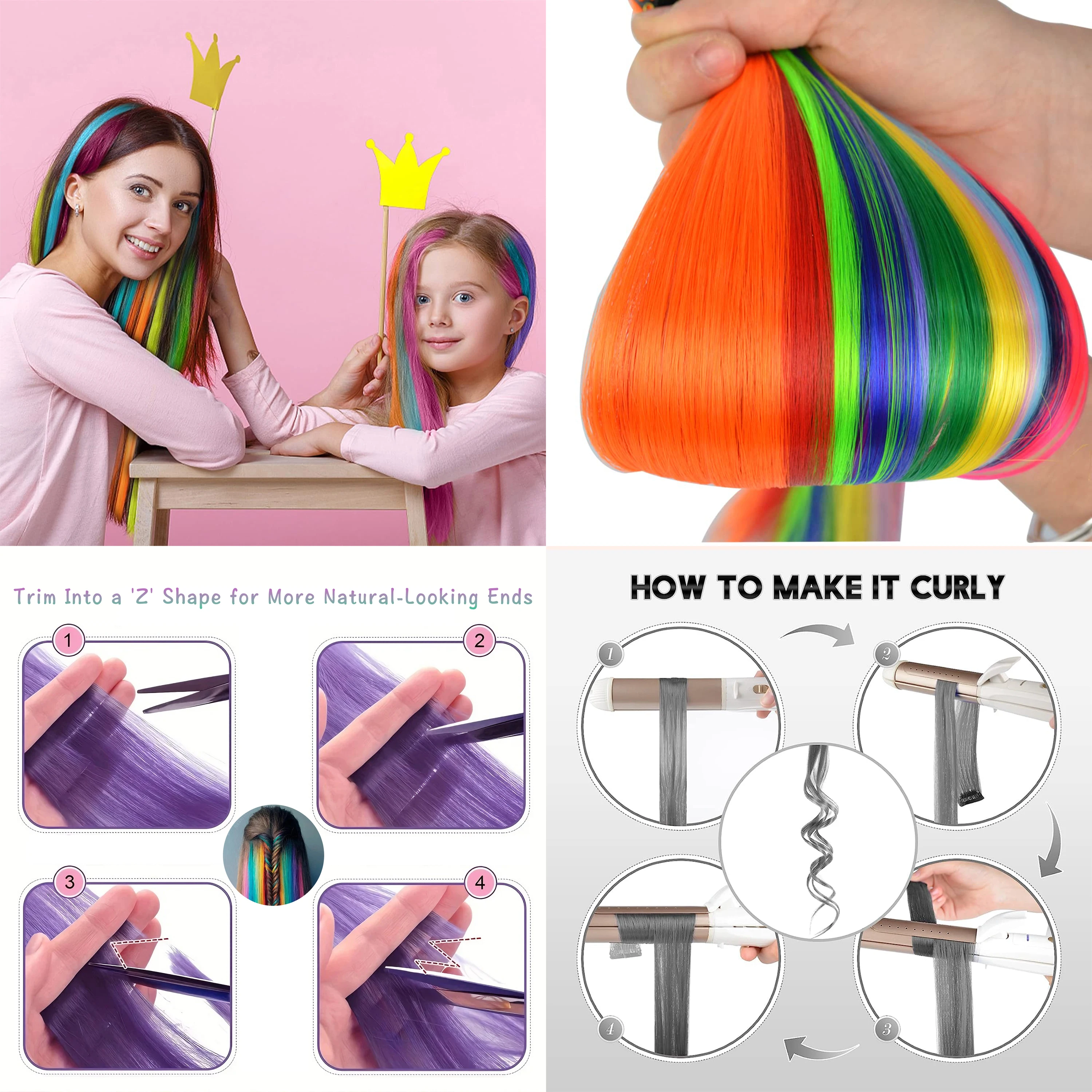 Wigundle sintético longo e reto extensão do cabelo arco-íris colorido peruca para mulheres e meninas uso diário do cabelo