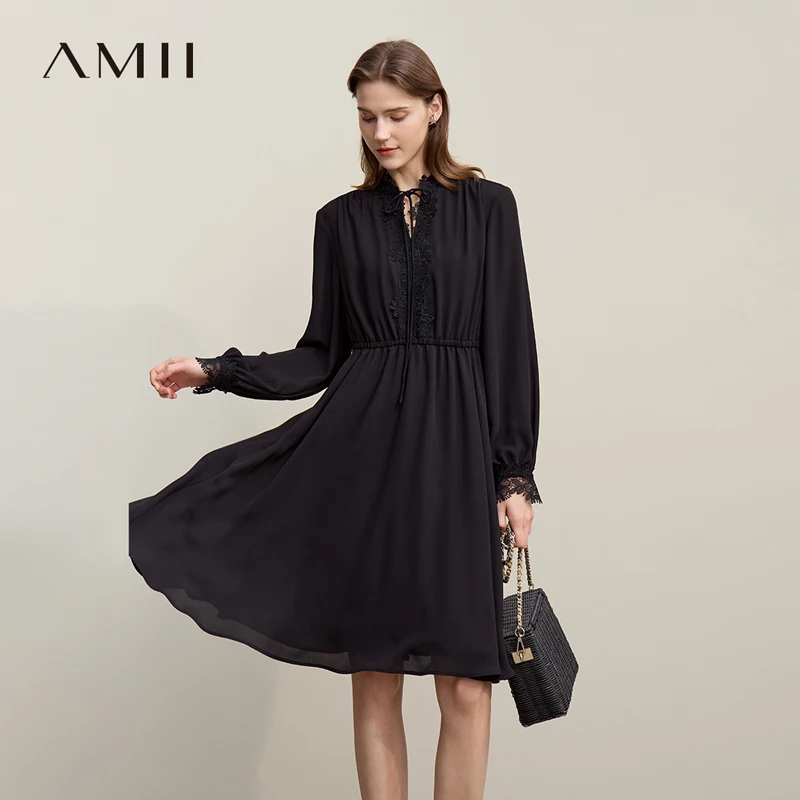 

Amii Dresses For Woman 2026 Spring New Elegant Lace Splicing Strap Dress Women's Rubber Waist-fitted Chiffon Midi Skirt 12611020