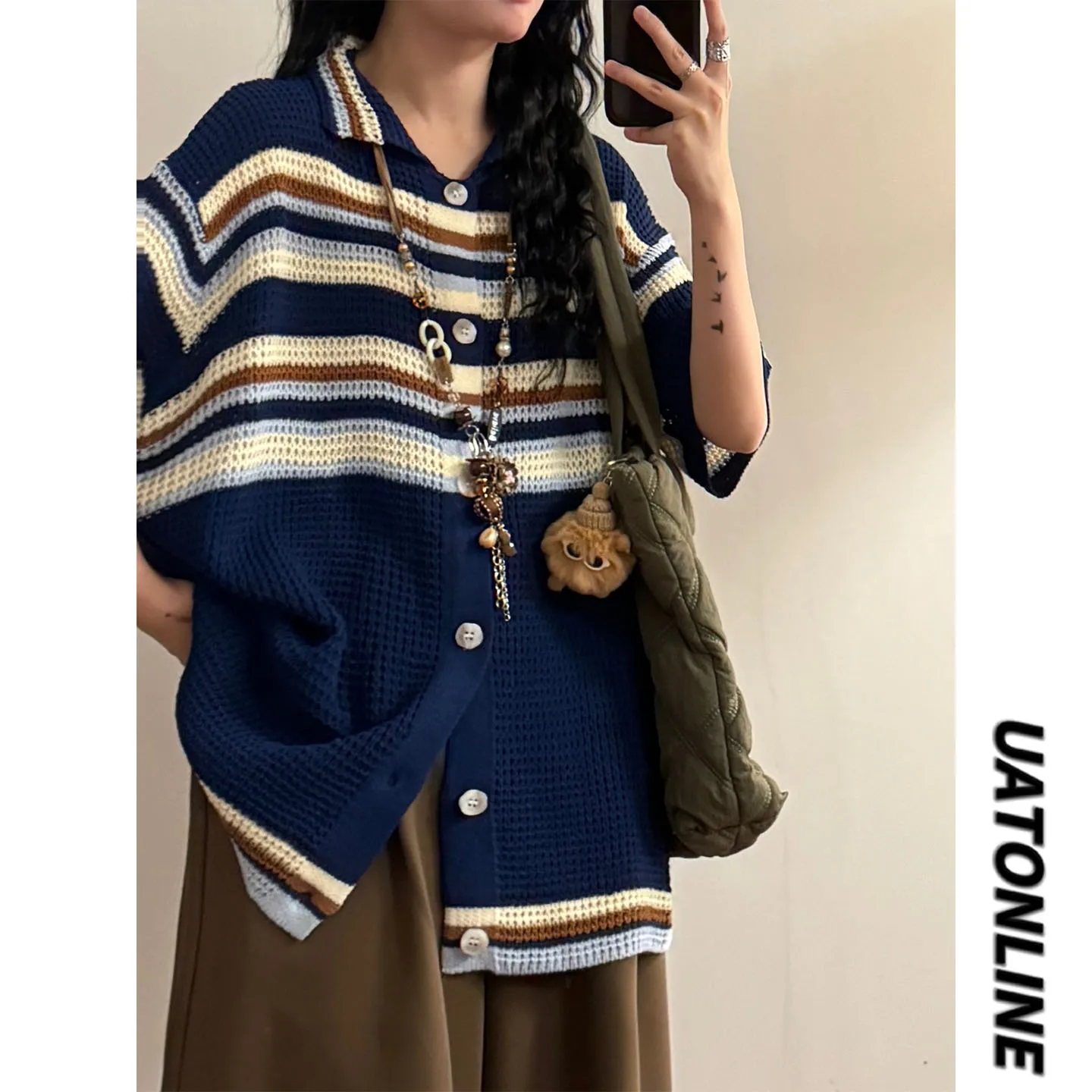 

UATONLINE2026 Summer American Retro Striped Casual Knit Shirt Short Sleeve Women's Style Streetwear Loose Fit Anti-Stain Brea...