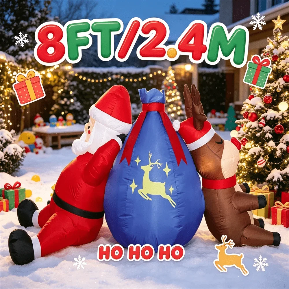 8FT/2.4M Santa Reindeer Gift Bag Inflatable Model Toy with LED Light Blow Up Outdoor Christmas Courtyard Ornament